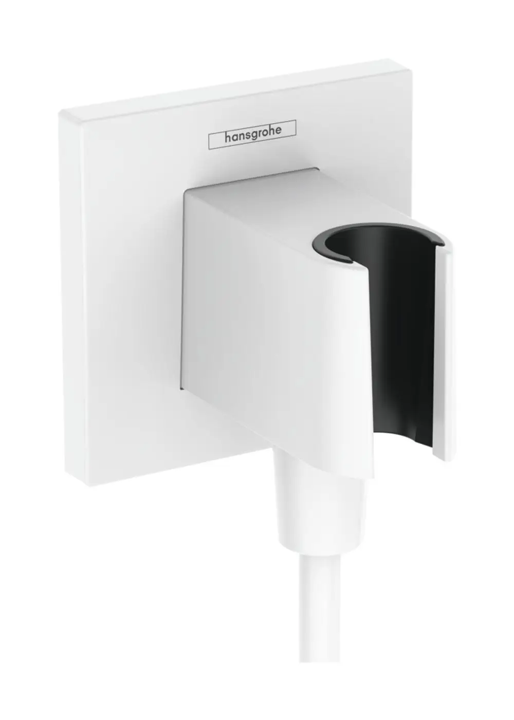Wandanschluss mit Halter für eine Brause in mattem Weiß, ausgestattet mit einem Schlauchanschluss, von der Marke Hansgrohe.